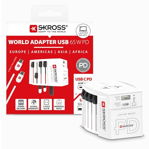 SKROSS -MUV USB AC65PD + Cavo Type C (160cm) - Adattatore Universale da Viaggio a 2 Poli + 1x Type C & 1 x Type A 65W- Tensione e Potenza: 100V-250W/250V-625W per Portatili, Tablet e Smartphone