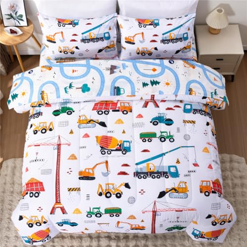 NTBED 5 Pieces Construction Truck Twin Comforter Set for Boys Kids Building Vehicles Excavator Lightweight Microfiber Bedding Sets