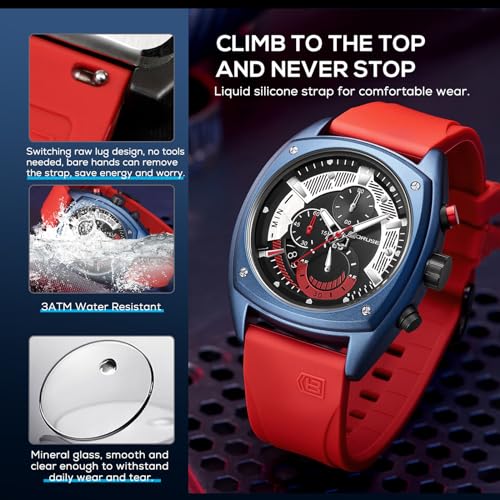Blue Mens Watch Big Face Sport Chronograph Quartz Watches Fashion Military Waterproof Calendar Man Analog Wristwatch with Silicone Strap - Image 6