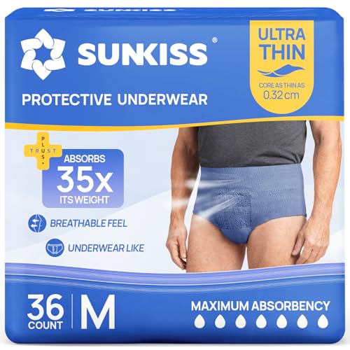 SUNKISS Pañales Adultos Hombre Tipo Pants Ultrafinos, Ropa Interior Desechable Absorbente, Incontinencia Moderada, Absorción Rápida, Azul, Talla M, 36 Unidades