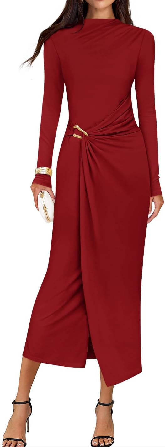 ZESICA Women’s 2025 Fall Long Sleeve Bodycon Dress Mock Neck Party Cocktail Wedding Guest Long Midi Dresses