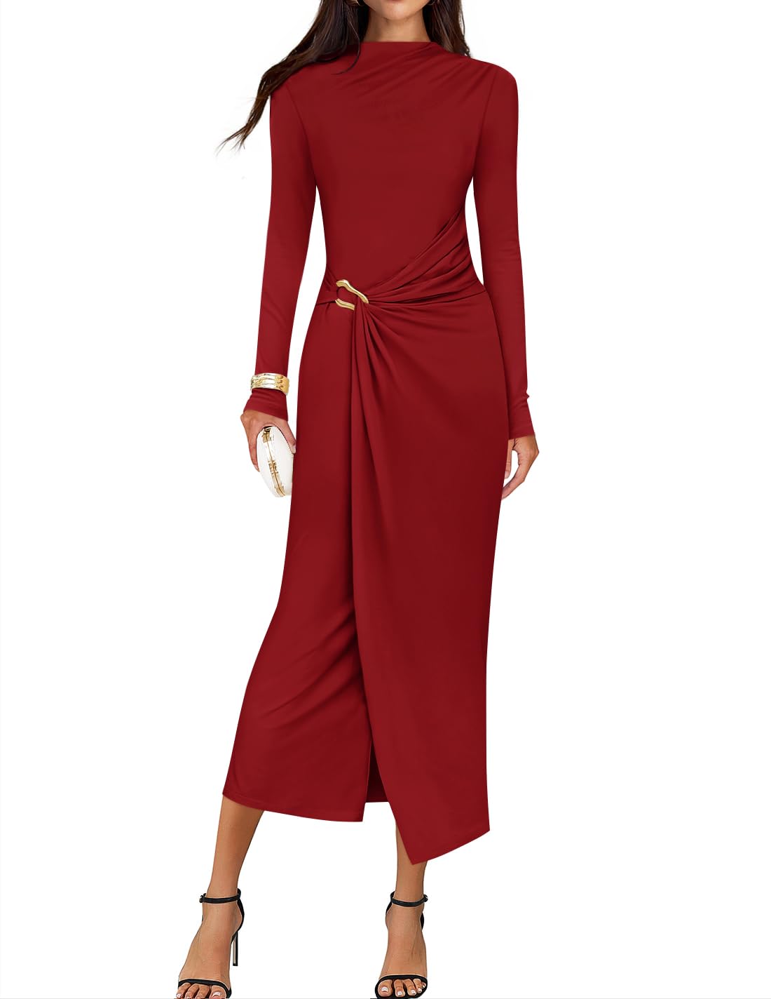 ZESICA Women's 2025 Fall Long Sleeve Bodycon Dress Mock Neck Wedding Guest Cocktail Party Long Midi Dresses, Red, S