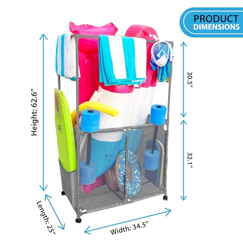 Pool Bins Pool Equipment Holder with Towel Drying Bars, Mesh Rolling Multi Use Storage Organizer Bin, Large Towel Hanger (25" L x 34.5" W x 62.6" H), Gray
