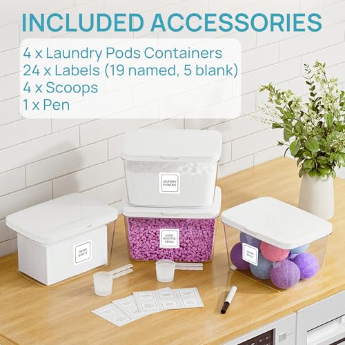 Image of Vtopmart 4 Pack Laundry Pods & Detergent Container, Dryer Sheet Holder | Clear Laundry Powder Container with Lids &Labels & Scoop for Laundry Room Organization, Stackable Laundry Room Decor Bins