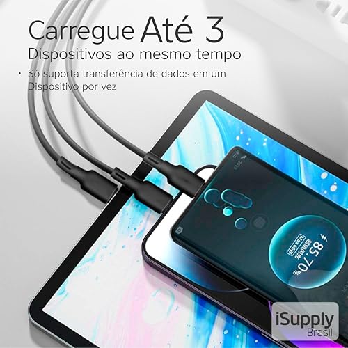 Cabo 3 em 1 – Conectores Lightning, USB-C e Micro USB, Carregamento Rápido e Compatível com Diversos