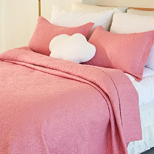 Cmfshape Bedspread Twin Size,Ultrasonic Leaf Quilt Set Solid Pink,Breathable Coverlet -1 Quilt And 1 Sham,Reversible Bedding Set(Twin68 X86.Pink) #TOP9