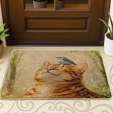 Paillasson noir avec motif chats du Bengale   73,6 x 43,2 cm   Motif forêt d'oiseaux bleus   Paillasson pour intérieur et extérieur   Petit animal domestique   Pour salle de classe, patio, maison