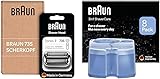 Braun Series 7 Scherkopf, Ersatzscherteil kompatibel mit Serie 7 der neuen Generation, Made in Germany, 73S, Silber+ Braun 3-in-1 ShaverCare Reinigungskartuschen für Reinigungsstationen, 8er Pack