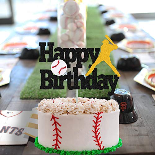 Baseball Cake Topper Happy Birthday Sign Baseball Softball Player Cake Decorations For Sport Theme Man Boy Girl Birthday Party Supplies Double Sided Black Sparkle Decor #TOP4