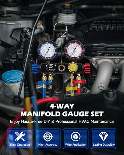 Image of Orion Motor Tech 4 Way AC Gauge Set for R410a R22 R134a Refrigerant, 4 Valve Automotive AC Manifold with 5ft Hoses, R410a Adapters, Can Tap