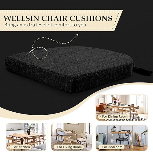 Image of Wellsin Chair Cushions for Dining Chairs 4 Pack - Kitchen Chair Cushions with Ties and Non-Slip Backing - Dining Chair Pads 16 inchX16 inchX2 inch, Black