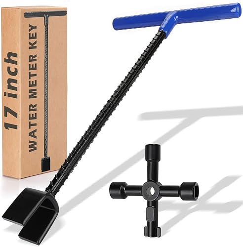 Llave de medidor de agua de 17 pulgadas con llave de utilidades multifuncionales de 4 vías, llave de herramienta de cierre de agua de armadura