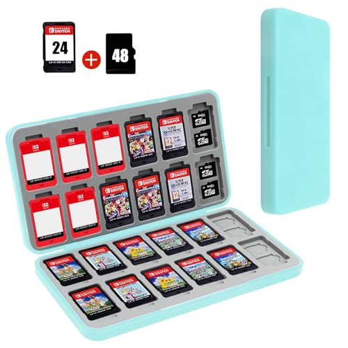 Image of FYY Nintendo Switch Game Case Holder for Switch 2 Cartridge Case with 24 Game Card Slots & 48 Micro SD Card Slots, Hard Shell, Silicone Lining Mint Green