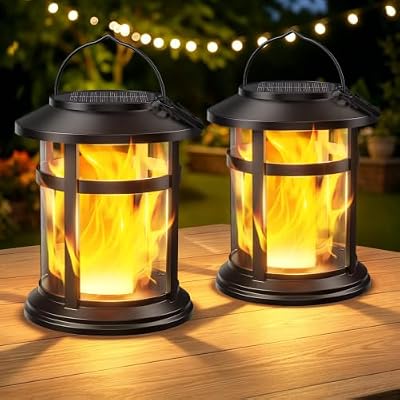 Solar Lanterns Outdoor Waterproof, 2 Pack Upgraded Flickering Flame Hanging Solar Lights for Outside Decorative, Solar Powered Lanterns Lighting for Garden Patio Table Porch Decor Gifts