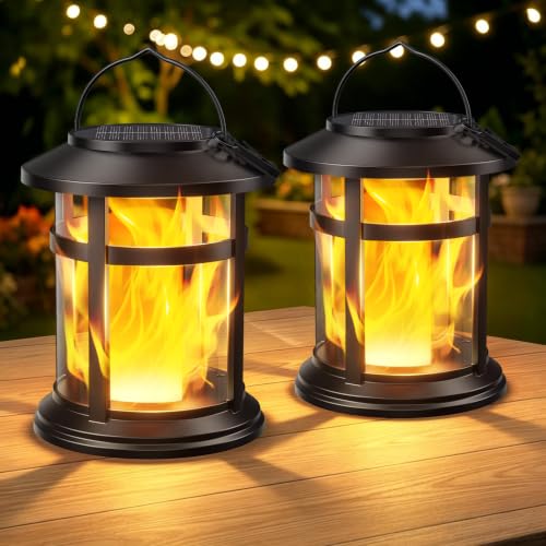 Solar Lanterns Outdoor Waterproof 2 Pack Upgraded Flickering Flame Hanging Solar Lights for Outside Decorative Solar Powered Lanterns Lighting for Garden Patio Table Porch Decor Gifts