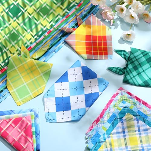 Geyoga 60 Pcs Summer Plaid Dog Bandanas Bulk Hawaiian Pet Scarf Bibs Adjustable Washable Kerchief Seasonal Pet Grooming Supplies for Small to Large Dogs Cats Costume Accessories