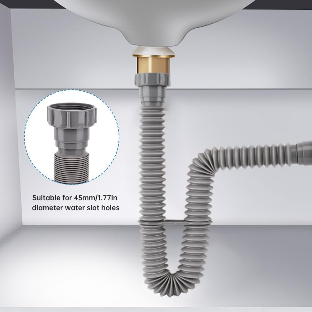 Double Sink Drain Kit, Flexible Sink Drain Pipe 1-1/2 inch Trap Fits Sin-k Bowl Dra-in Expandable All-In-One-Drain Kit with Sealing Ring, Tape for Kitchen, Bathroom(COLOR:1)