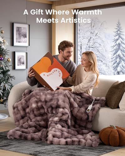 Image of Bearhug Heated Electric Throw Blanket, Luxurious Faux Rabbit Fur Dual-Sided Bubble Heating Blankets, 6 Heat Settings 4-Hour Auto Shut-Off, Machine Washable, 50 inch x 60 inch, Gift-Ready Elegant Packaging