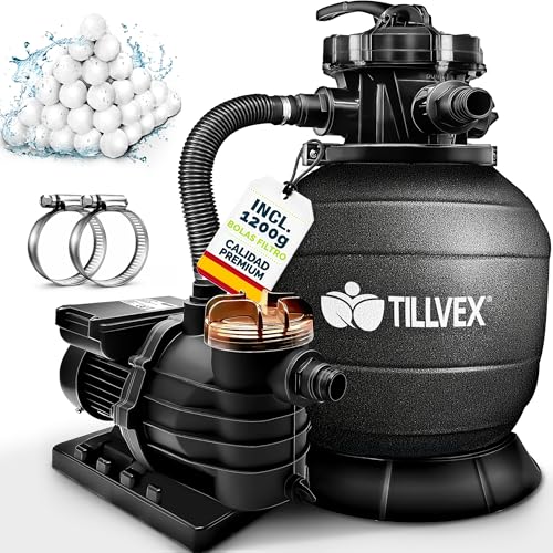 tillvex Depuradora de Agua para Piscina 13.200L/h hasta 40.000L + 1200g Bolas de Filtro - 7 Funciones de Filtrado - Bomba de Filtro de Arena con Válvula (Negro)