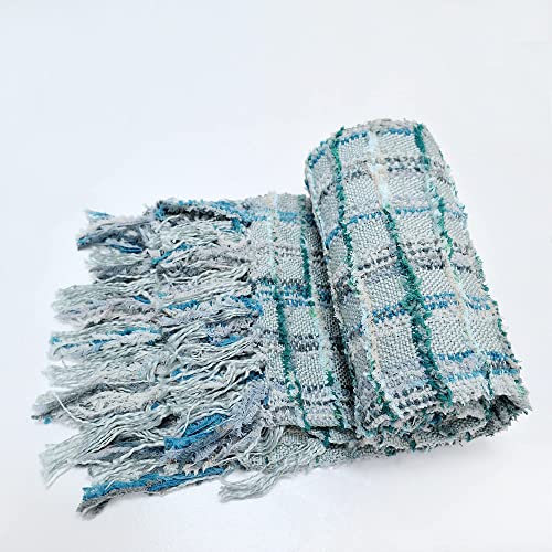 Bytide Multicolored Chenille Knitted Throw Soft Cozy Fluffy Reversible Boho Plaid Throw Blanket With Tassels For Couch Chair Bed Cover Living Room Bedroom Décor, 60" X 80", Grey Blue #TOP4