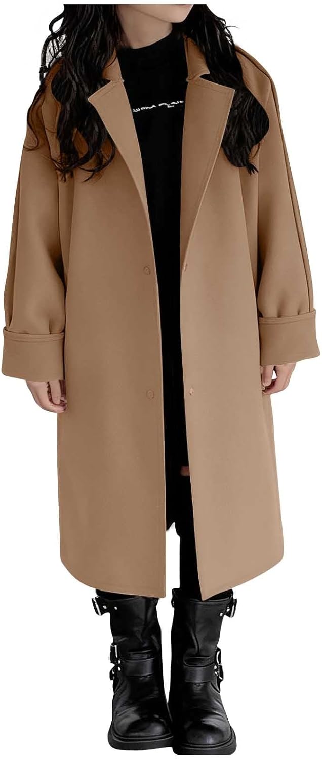 Girls Wool Trench Coat Kids Open Front Dress Coat Winter Warm Long Cardigan Windbreaker Overcoat 3-15 Years