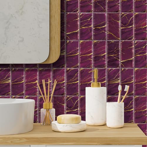 Azulejos Adhesivos Cocina Elegante Oro Púrpura Vinilo Adhesivo Pared Pvc Azulejos Adhesivos Baño Impermeable Revestimiento Pared Pvc Duradero Vinilo Cocina Baldosas Adhesivas Pared 10.16x20.32/32 pcs