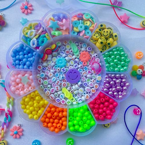 Kit Miçangas Infantil para Fazer Pulseiras 1.200 peças estojo Flor com Fio de Silicone e Pingentes