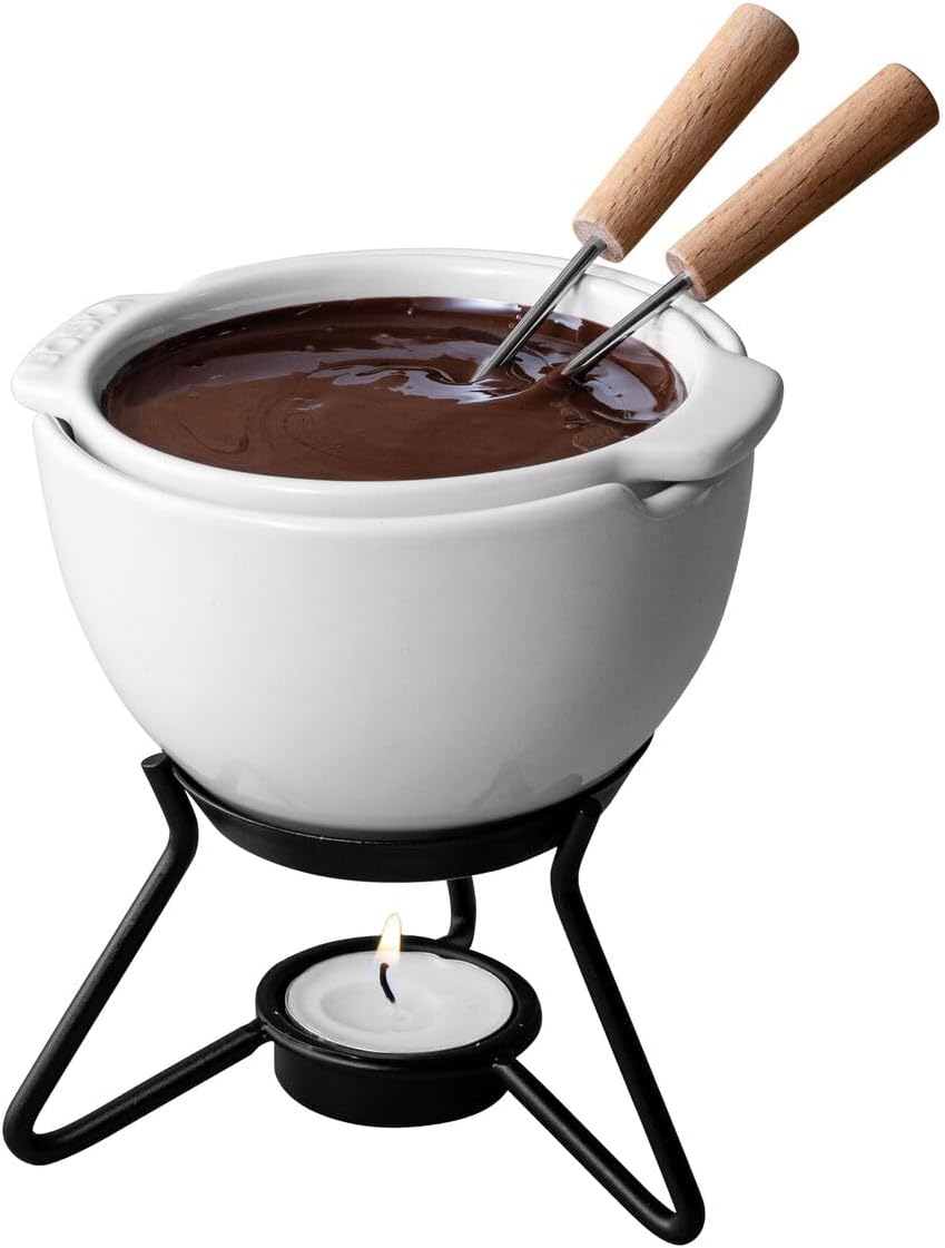 Choco Petit Marie Fondue - Fondue Pot Set Microwave and Dishwasher Safe Ceramic Hot Pot Chocolate Fountain Snack - Small Kitchen Appliances