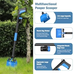 32″ Pooper Scooper for Dogs and Cats – Portable Dog Poop Scooper with Foldable Long Handle, includes Bag and Attachment – Ideal for Large & Small Dogs (Blue)