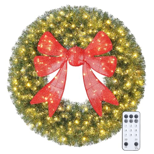 HOMCOM 60in Pre-Lit Artificial Christmas Wreath with 3D Red Bow,