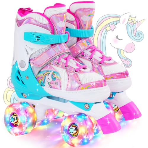OLYSPM Rollers pour Enfants,Roller Enfant Fille,Roller Enfant Garcon,Patin a Roulette Réglables en 4 Tailles avec 8 Roues Clignotantes pour...