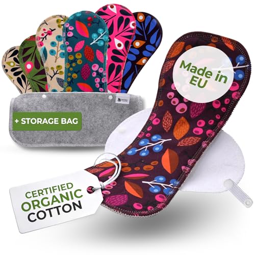 Compresas Reutilizables Ecológicas de Algodón Orgánico; 7-Pack (tamaños S,M,L,XL) Compresas de Tela Lavables HECHAS EN LA UE; Compresas Tela Mujer Organico para menstruación, postparto, incontinencia