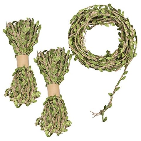 YuCool 98 Feet 5MM Burlap Leaf Ribbon, Natural Wall Hanging Jute Vine Twine with Artificial Green Leaves for Rustic Wedding,Home,Garden,Jungle Party Decorations and DIY Crafts Decor(3 Rolls) Cover