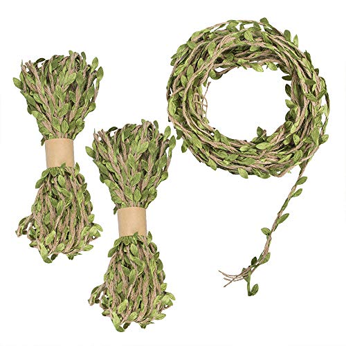 YuCool 98 Feet 5MM Burlap Leaf Ribbon, Natural Wall Hanging Jute Vine Twine with Artificial Green Leaves for Rustic Wedding,Home,Garden,Jungle Party Decorations and DIY Crafts Decor(3 Rolls)