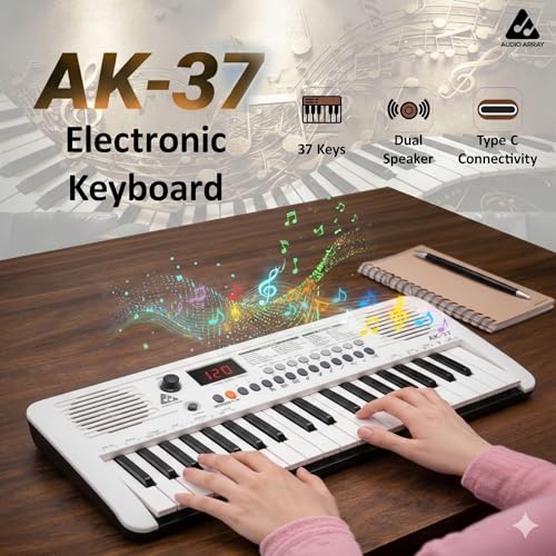 Image of Audio Array AK-37 White MIDI Keyboard 37 Velocity Sensitive Keys, Built-in Speakers, 200 Presets, Sustain & Touch, Tempo, Octave /Transpose /Tune, Master Volume Knob, LED Display BT AA & Type-C Power