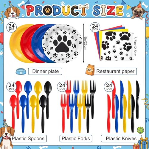 Uiifan 120 Pcs Dog Paw Print Birthday Party Supplies, Blue Red Yellow Puppy Paper Plates and Napkins Paw Print Party Decor Disposable Puppy Themed Tableware Set for Birthday Baby Shower Serves 24 by Uiifan - Used condition - Image 3