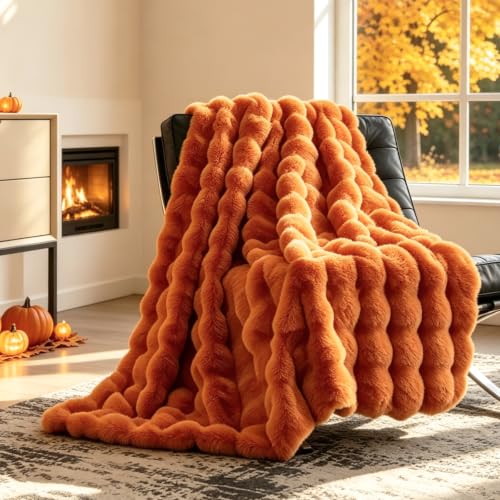 Cozy Bliss Faux Fur Throw Blanket for Couch, Fuzzy Soft Plush Thick Bubble Blanket for Sofa Bedroom Living Room, 50 * 60 Inches Halloween Burnt Orange