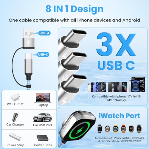 Image of 4in2 Multi Charging Cable for iWatch Charger /iPhone Charger /CarPlay Cable, Travel Vacation Essentials, (2Pack 5FT) 3 X USB C /iWatch Charger Cords for iWatch 11-1 /iPhone 17-15, Android Car, Blue