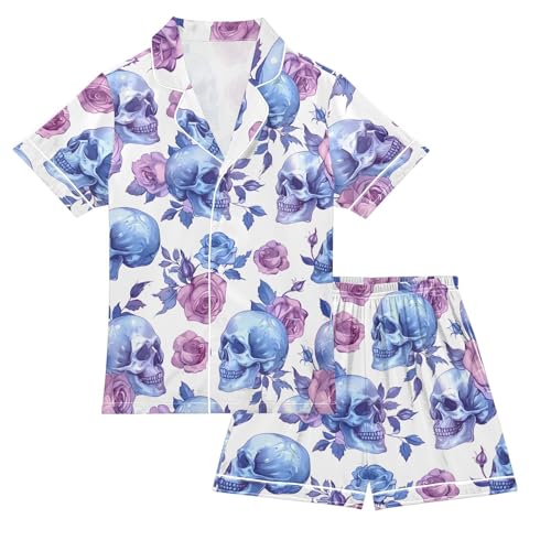 Skull Roses Pajamas Set Summer Button Down Sleepwear Pjs Sets Comfy Loungewear