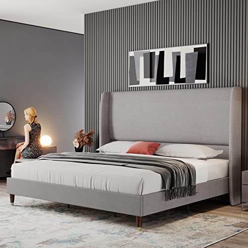 PaPaJet-Queen-Platform-Bed-Frame-512-High-Headboard-Linen-Tall-Upholstered-BedNo-Box-Spring-RequiredWood-Slat-SupportEasy-Assembly-Light-Grey
