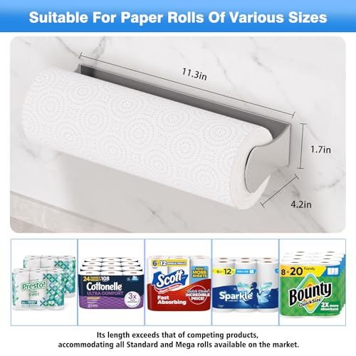 Image of Paper Towel Holder Under Cabinet, Stainless Steel, Adhesive or Screw Mount, Fits Standard & Mega Rolls, Wall Mount Rack for Kitchen, Bathroom, RV, Silver