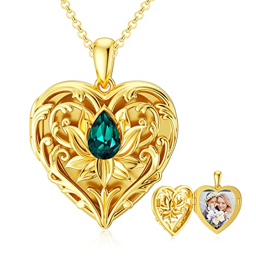 SOULMEET 10K 14K 18K Solid Gold Personalized Sunflower/Starburst/Cross/Rose/Lotus/Butterfly/Turtle/Celtic/Bee Heart Locket Necklace That Holds Picture Gift Choice