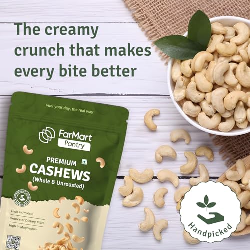 Image of FarMart Pantry Premium Cashews (Whole & Unroasted)| 500g Pack | W320 | Creamy, Crunchy & 100% Natural | High in Protein, Fibre & Magnesium | Ideal for Snacking, Cooking & Sweets |