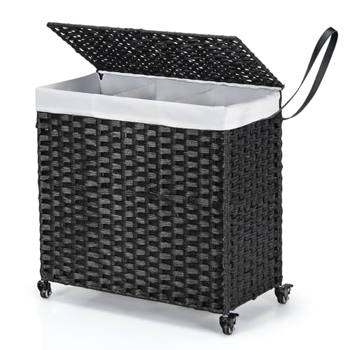 RELAX4LIFE Laundry Basket on Wheels, 125L 3-Section Large Laundry Hamper with Lid, Removable Liner Bag & Handles, Rattan Divided Clothes Sorter Washing Bin for Dorm, Bathroom, Bedroom (Black)