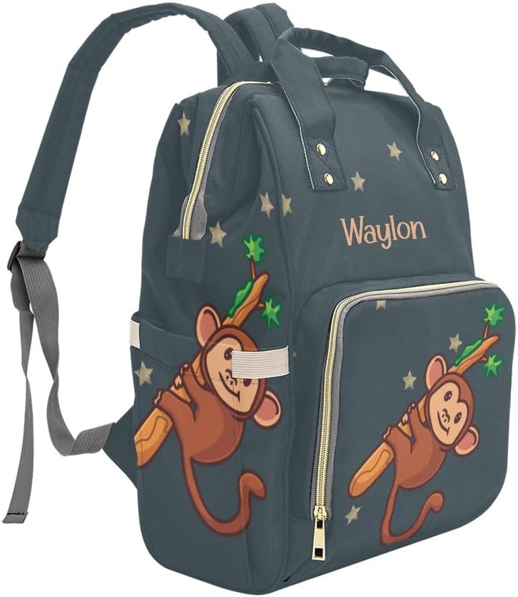 Monkey with Star Personalized Diaper Bag Backpack Custom Name Text Backpack Nappy Bag Mommy Bag for Girl Boy