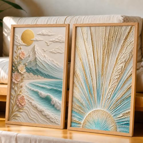 Image of NoWorries Coastal Sunrise Wall Painting Set of 2 with Frame | Textured Sunburst & Beach Landscape Artwork, Ocean Mountain Floral Nature Wall Decor for Living Room, Bedroom, Office and Home Decoration (Art-3, 17x25inch)