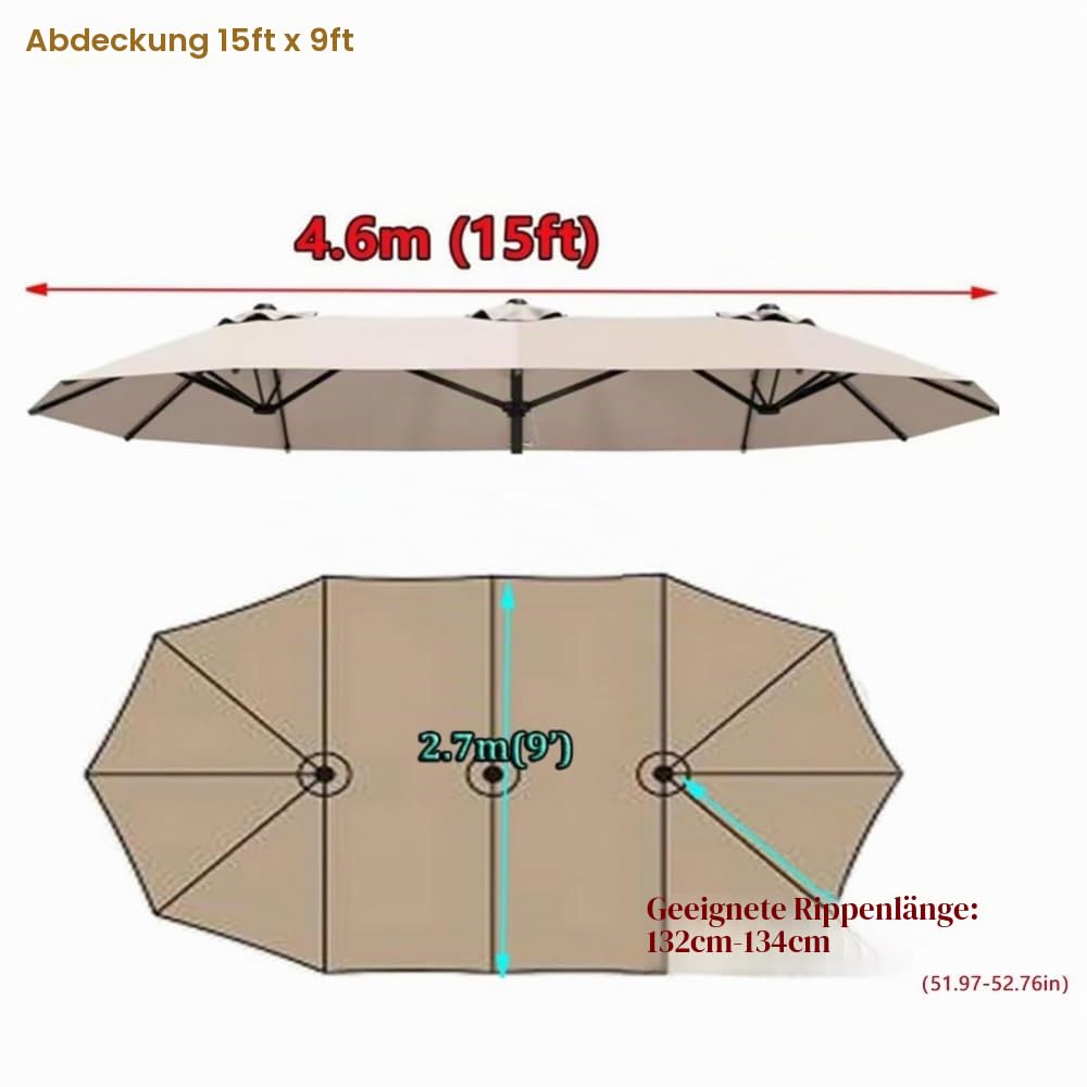 Doppelsonnenschirm Ersatzbezug 12 Rippen Sonnenschirmbezug Sonnenschirm Ersatzbespannung 4.6m Sonnenschirm Stoff Terrassenschirm Baldachin Abdeckung Für Gartenschirm Balkon(Beige)