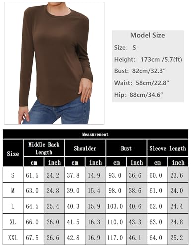 Wayleb Camiseta de Manga Larga para Mujer Cuello Redondo Blusa Color Sólido Elegante Tops Camiseta Básica Ropa de Otoño Invierno, Marrón S