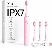 Escova de Dente Elétrica Recarregável USB Escova Dental Ultrassônica IPX7 6 Modos de Escovação Escova de Dentes Elétrica Portátil Com 3 Cabeças Substituíveis À Prova D’água (Rosa)