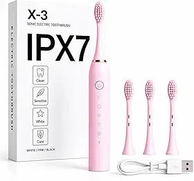 Escova de Dente Elétrica Recarregável USB Escova Dental Ultrassônica IPX7 6 Modos de Escovação Escova de Dentes Elétrica Portátil Com 3 Cabeças Substituíveis À Prova D’água (Rosa)